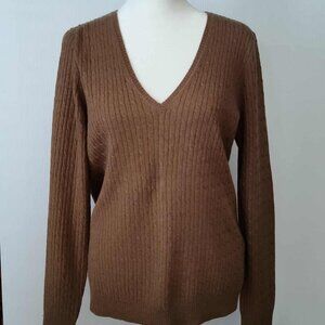 JCrew Brown V-neck cable knit wool cashmere blend pullover, size L